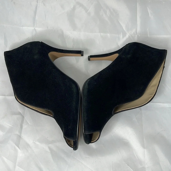 Adrienne Vittadini Peep Toe Split Vamp Heel Booties Black Fine Suede Leather 10 - Picture 9 of 11
